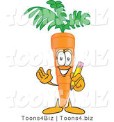 Vector Illustration of a Cartoon Carrot Mascot Holding a Yellow Pencil with an Eraser Tip by Mascot Junction