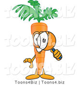 Vector Illustration of a Cartoon Carrot Mascot Inspecting and Peering Through a Magnifying Glass by Mascot Junction