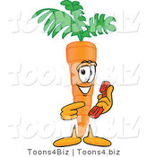 Vector Illustration of a Cartoon Carrot Mascot Pointing to a Red Telephone by Mascot Junction