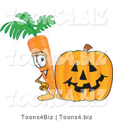 Vector Illustration of a Cartoon Carrot Mascot Standing by a Carved Jack-O-Lantern Halloween Pumpkin by Mascot Junction