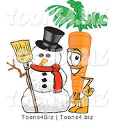 Vector Illustration of a Cartoon Carrot Mascot Standing by a Snowman by Mascot Junction