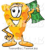 Vector Illustration of a Cartoon Cheese Mascot Holding a Green Dollar Bill by Mascot Junction
