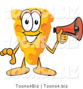 Vector Illustration of a Cartoon Cheese Mascot Holding a Red Bullhorn Megaphone and Preparing to Make an Announcement by Toons4Biz
