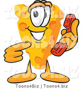 Vector Illustration of a Cartoon Cheese Mascot Pointing to and Holding a Red Phone by Mascot Junction