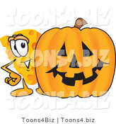 Vector Illustration of a Cartoon Cheese Mascot Standing by a Large Halloween Pumpkin by Toons4Biz