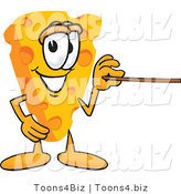 Vector Illustration of a Cartoon Cheese Mascot Using a Pointer Stick and Pointing to the Right by Mascot Junction