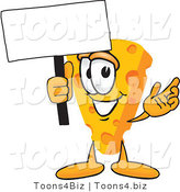 Vector Illustration of a Cartoon Cheese Mascot Waving a Blank White Advertising Sign by Mascot Junction