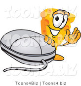 Vector Illustration of a Cartoon Cheese Mascot Waving and Standing by a Computer Mouse by Toons4Biz