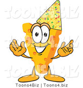 Vector Illustration of a Cartoon Cheese Mascot Wearing a Party Hat - Royalty Free Vector Illustration by Mascot Junction