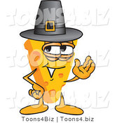 Vector Illustration of a Cartoon Cheese Mascot Wearing a Pilgrim Hat - Royalty Free Vector Illustration by Mascot Junction