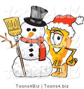 Vector Illustration of a Cartoon Cheese Mascot Wearing a Santa Hat and Standing Beside a Snowman on Christmas by Mascot Junction