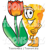 Vector Illustration of a Cartoon Cheese Mascot with a Tulip - Royalty Free Vector Illustration by Mascot Junction