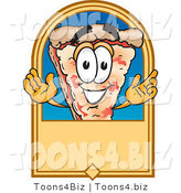 Vector Illustration of a Cartoon Cheese Pizza Mascot on a Blank Tan Label or Sign by Mascot Junction