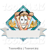 Vector Illustration of a Cartoon Cheese Pizza Mascot over a Blank White Business Label Banner by Mascot Junction