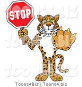 Vector Illustration of a Cartoon Cheetah Mascot Holding a Stop Sign by Toons4Biz