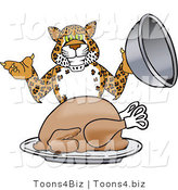 Vector Illustration of a Cartoon Cheetah Mascot Serving a Thanksgiving Turkey by Mascot Junction
