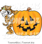 Vector Illustration of a Cartoon Cheetah Mascot with a Halloween Pumpkin by Toons4Biz