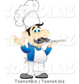 Vector Illustration of a Cartoon Chef Mascot in a Blue Shirt, Holding a Platter by Mascot Junction