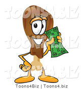 Vector Illustration of a Cartoon Chicken Drumstick Mascot Holding a Dollar Bill by Mascot Junction