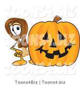 Vector Illustration of a Cartoon Chicken Drumstick Mascot with a Carved Halloween Pumpkin by Mascot Junction