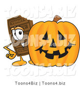 Vector Illustration of a Cartoon Chocolate Mascot with a Carved Halloween Pumpkin by Mascot Junction