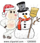 Vector Illustration of a Cartoon Christmas Lamb Mascot with a Winter Snowman by Mascot Junction