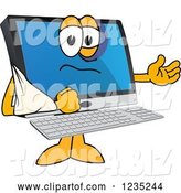 Vector Illustration of a Cartoon Clipart of a | Beat up PC Computer Mascot with His Arm in a Sling| Royalty Free Vector Illustration by Mascot Junction