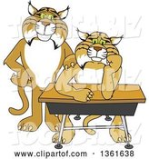Vector Illustration of a Cartoon Compassionate Bobcat Mascot Standing by a Worried Student by Mascot Junction