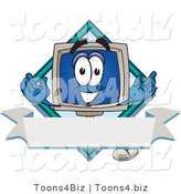 Vector Illustration of a Cartoon Computer Mascot on a Blank Label with a Blank Banner and Diamond by Mascot Junction