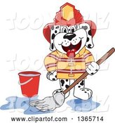 Vector Illustration of a Cartoon Dalmatian Firefighter Dog Mascot Mopping Dirty Floor with Clean Water by Toons4Biz
