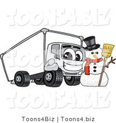 Vector Illustration of a Cartoon Delivery Truck Mascot with a Snowman by Mascot Junction
