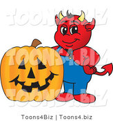 Vector Illustration of a Cartoon Devil Mascot and Halloween Pumpkin by Mascot Junction