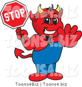 Vector Illustration of a Cartoon Devil Mascot Holding a Stop Sign by Mascot Junction