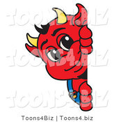 Vector Illustration of a Cartoon Devil Mascot Looking Around a Blank Sign by Mascot Junction