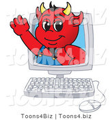 Vector Illustration of a Cartoon Devil Mascot on a Computer Screen by Mascot Junction