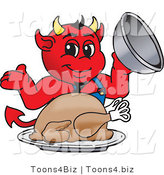 Vector Illustration of a Cartoon Devil Mascot Serving Thanksgiving Turkey by Mascot Junction