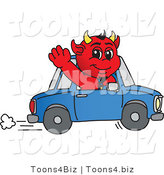 Vector Illustration of a Cartoon Devil Mascot Waving and Driving by Mascot Junction