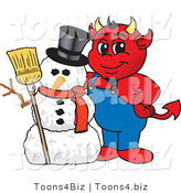 Vector Illustration of a Cartoon Devil Mascot with a Christmas Snowman by Mascot Junction