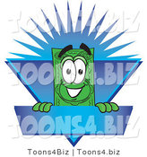 Vector Illustration of a Cartoon Dollar Bill Mascot on a Blank Blue Label with a Burst by Mascot Junction