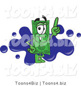 Vector Illustration of a Cartoon Dollar Bill Mascot Pointing Upwards and Standing in Front of a Blue Paint Splatter on a Business Logo by Toons4Biz