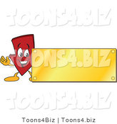Vector Illustration of a Cartoon down Arrow Logo Mascot with a Gold Plaque Sign by Mascot Junction