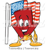 Vector Illustration of a Cartoon down Arrow Mascot by an American Flag by Mascot Junction