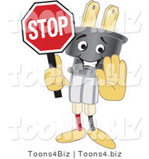 Vector Illustration of a Cartoon Electric Plug Mascot Holding a Stop Sign by Mascot Junction