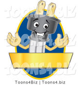 Vector Illustration of a Cartoon Electric Plug Mascot Logo with a Blue Oval and Gold Banner by Mascot Junction