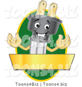 Vector Illustration of a Cartoon Electric Plug Mascot Logo with a Green Oval and Gold Banner by Mascot Junction