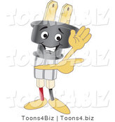 Vector Illustration of a Cartoon Electric Plug Mascot Waving and Pointing by Mascot Junction