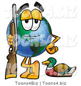 Vector Illustration of a Cartoon Globe Mascot Duck Hunting, Standing with a Rifle and Duck by Mascot Junction