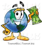 Vector Illustration of a Cartoon Globe Mascot Holding a Dollar Bill by Mascot Junction