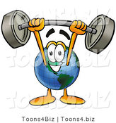 Vector Illustration of a Cartoon Globe Mascot Holding a Heavy Barbell Above His Head by Mascot Junction