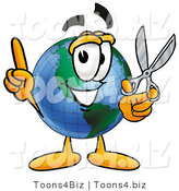 Vector Illustration of a Cartoon Globe Mascot Holding a Pair of Scissors by Toons4Biz